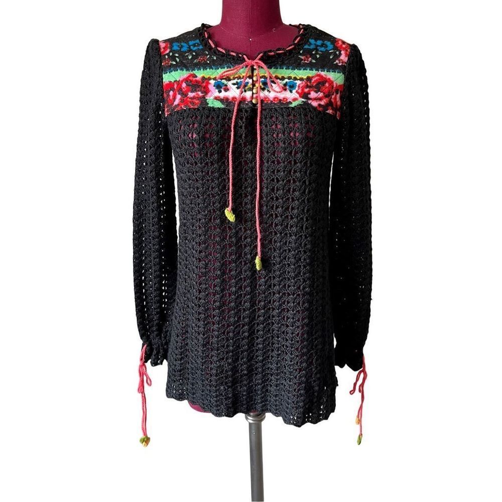 Free People black crochet sweater floral rose quilted print Size L